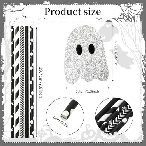 JarThenaAMCS 40Pcs Halloween Ghost Paper Straws Glitter Ghost Disposable Drinking Straw Black White Decorative Straws for Trick or Treat Birthday Party Supplies