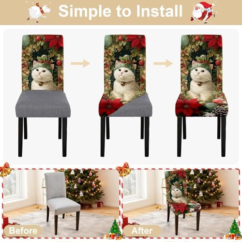 Christmas Chair Covers Set of 4, Cute Cat Dining Chair Slipcovers with Poinsettia, Pinecones, and Ornaments, Stretchable Holiday Chair Protectors
