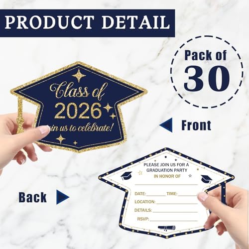Graduation Invitations 2026 Grad Party Invitations with envelopes 30 Pack, Class of 2026 Graduation Announcements Graduate Invite Cards for College Party Supplies, Navy Blue & Gold