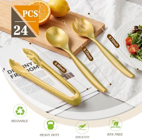 24 Pcs Disposable Gold Plastic Serving Utensils Set, Forks Spoons Tongs
