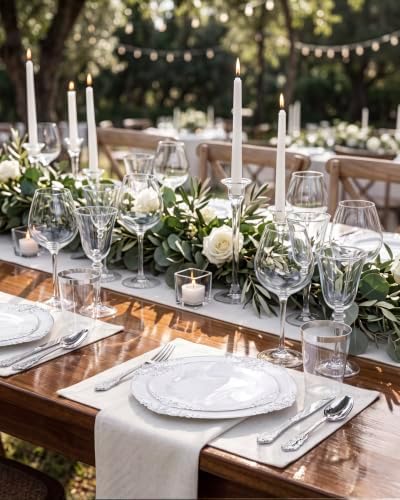Nervure 350Pcs Silver Plastic Plates, Plastic Dinnerware Set for 50 Guests
