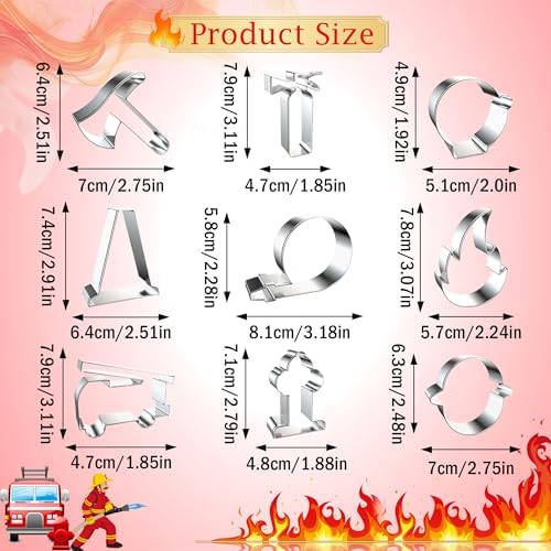 9 Firefighter Cookie Cutters Stainless Steel Fire Truck Fireman Party Molds