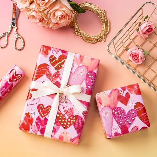 WRAPAHOLIC Valentines Day Wrapping Paper Roll - Mini Roll - 17 Inch x 16.5 Feet - Sweet Heart Wrapping Paper with Gold Foil Design for Valentine's Day, Anniversary, Birthday, Wedding, Baby Shower