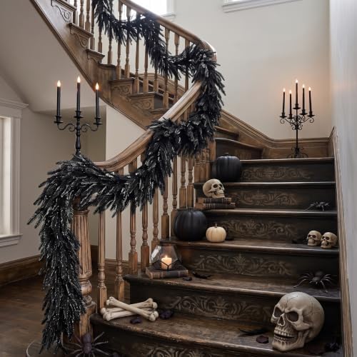 XunYee 6 ft Halloween Black Garland Artificial Norfolk Pine Garland Decor