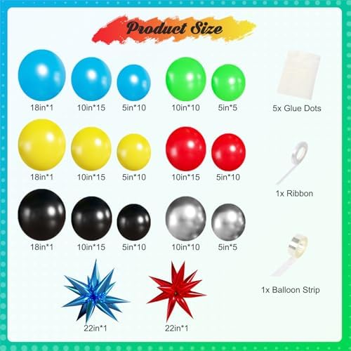 Red Blue Green Yellow Black Balloon Arch Kit, Birthday Decor
