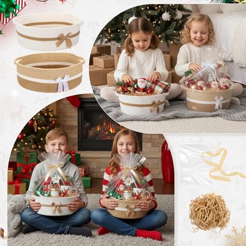Colingmill 2 Pack Small Woven Gift Basket Empty with Wrap, Khaki and White