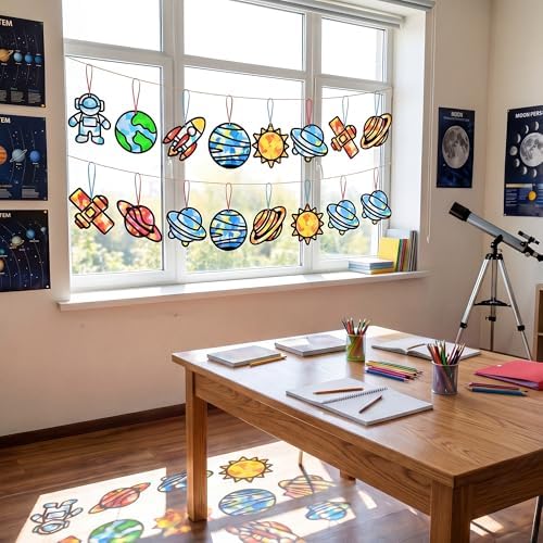Renbuzhu 48PCS Solar System Space Paper Suncatchers DIY Project Kits, Back to School Window Stained Glass Effect Art Supplies for Party