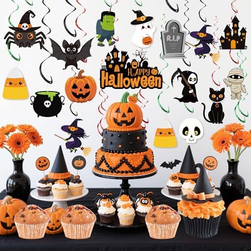 36 PCS Halloween Pre-Strung Hanging Swirl Decor Halloween Ceiling Hanging Swirls Cute Ghost Pumpkin Spider Witch Themed Ceiling Streamer for Office Home Indoor Outdoor Decoration Kids Party Supplies
