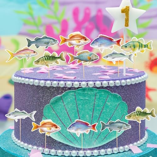 Hooqict 40Pcs Gone Fishing Cupcake Toppers Fish Birthday Cake Topper Decorations Cupcake Picks for Fishing Theme Party Decorations Baby Shower Summer Under The Sea Party Supplies