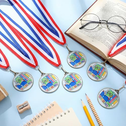 20 Pcs Reading Medals Bulk 2'' Book Worm Reading Award Medals with Neck Ribbon Trophy Prizes Winner Gift for School Classroom Students Teaching Competitions Supplies