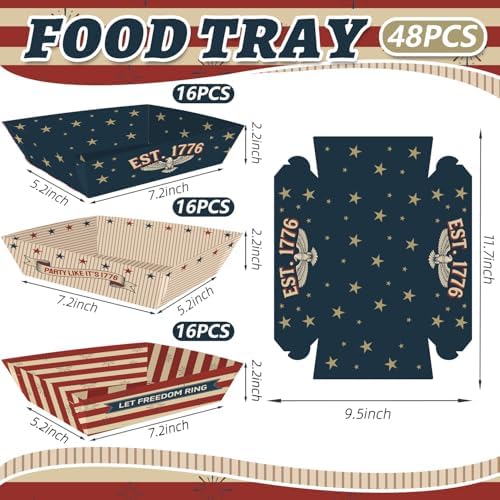 48 Pcs Vintage Patriotic Snack Trays, Disposable American Heritage Serving Boats, Red White and Blue Food Trays for July 4th, BBQs & Patriotic Celebrations – 3 Unique Designs