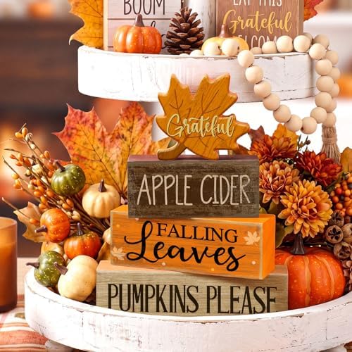 Moucuny 4 Pcs Fall Table Decor for Home, Wooden Grateful Maple Leaf Signs