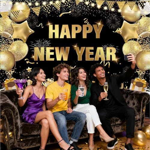 2026 Happy New Year Banner Backdrop Fabric Black Gold Design for Photo Booth Background New Years Eve Party Decorations 71 x 43 inch