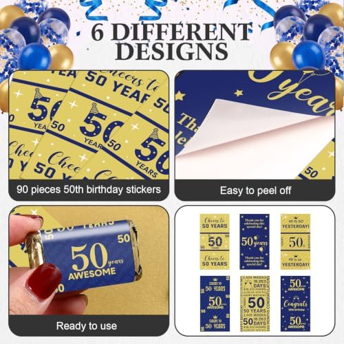 Tenare 90 Pcs 50th Birthday Candy Wrappers, Blue and Gold Stickers