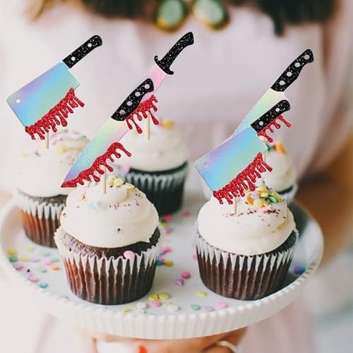 30 Pack Halloween Knife Cupcake Toppers Glitter Scary Bloody Knife Cupcake Picks Killer Birthday Cake Decorations for Happy Halloween Baby Shower Party Supplies