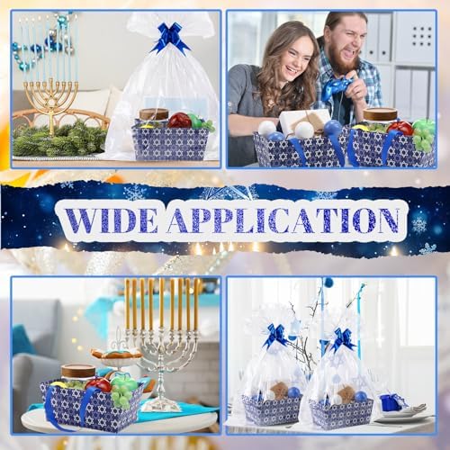 Moinchore 12 Pcs Rosh Hashana Basket for Gifts Blue Empty 9.8x6.5'' Star of David Market Tray Cardboard Basket with Bows, Cellophane Bags, Empty to Fill for Holiday Hanukkah Birthday Wedding Party