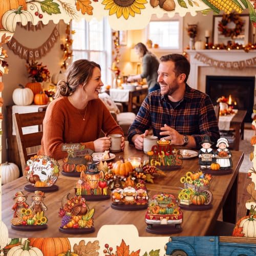 Wesiti 12 Pcs Thanksgiving Table Decorations, Wooden Fall Harvest Centerpiece, Pilgrim Turkey Gnome Table Topper Signs for Thanksgiving Tiered Tray Decor Party Favor