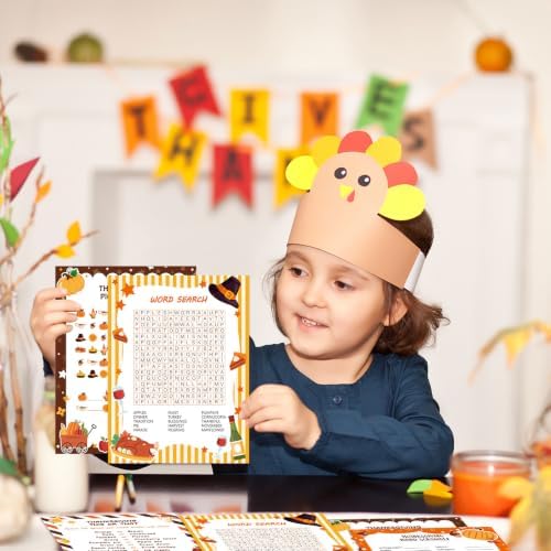 LOAVER 54 Pcs Thanksgiving Trivia Party Game Cards, Double-Sided Word Scramble Search Picture Hunt Activity Cards for Thanksgiving Family Gathering Fall Holiday Party Games Harvest Activities