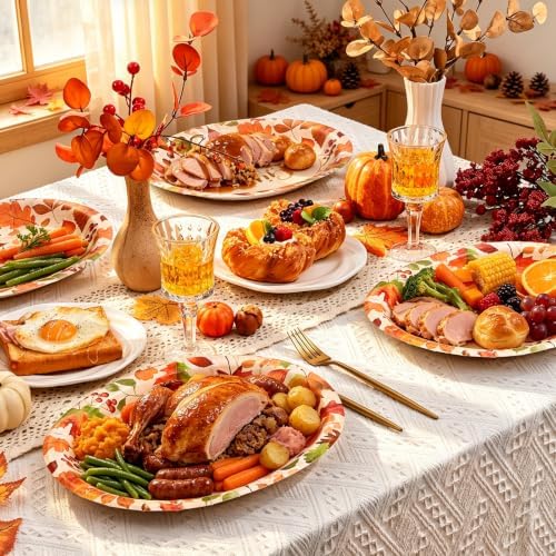 Homlouue 50 PCS Thanksgiving Oval Paper Plates Disposable, Fall Paper Plates, Large 12.5" x 10.5" Maple Leaf Autumn Dinner Plate, Disposable Fall Party Supplies Thanksgiving Autumn Harvest Table Decor