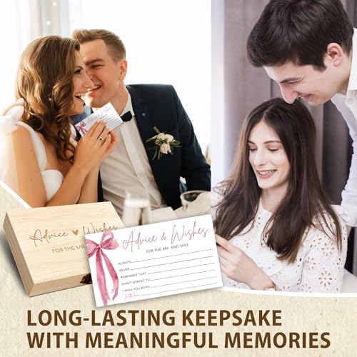 Pink Bow Advice and Wishes for the Mr and Mrs - 50 Packs Wedding Advice Cards Bridal Shower Game Cards with Box Reception Guest Book for Bride Groom Newlywed Engagement Party Decoration -A07