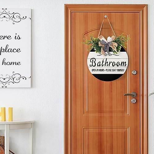 Bathroom Front Door Sign Funny Wreaths Hanging Wooden Plaque Decoration Round Rustic Farmhouse Wall Art Decor for Home Porch Bathroom 12x12 Inch