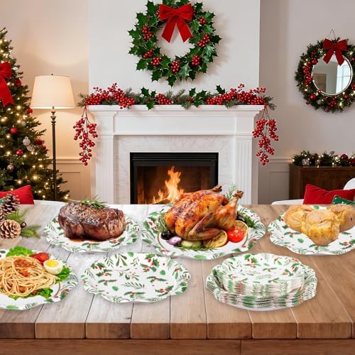 24 Pcs Merry Christmas Paper Plates Set - Disposable Round Christmas Plates, Holly Leaf Red Berry Dinner Dessert Plate Paper Dinnerware Kit for Winter Xmas Party Table Decorations Supplies Favors