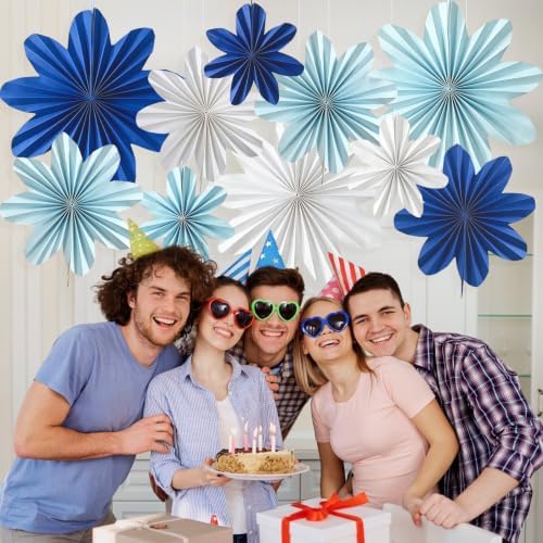Blue Paper Flowers Navy Blue White Hanging Paper Fans 10Pcs