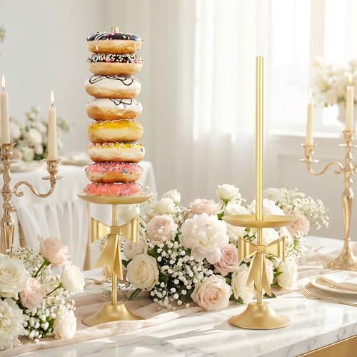 AIM & GGKK Gold Bow Donut Stand, 2 Pieces Metal Donut Display Stand Set for Wedding Birthday Party Dessert Table Decorations, Elegant Gold Bow Design Tower Holder for Donuts Bagels, Party Supplies