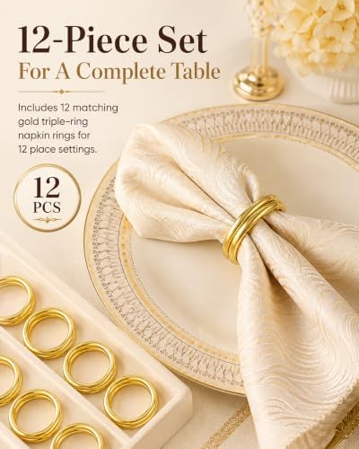 Gold Triple Ring Napkin Rings Set of 12 for Weddings and Table Settings