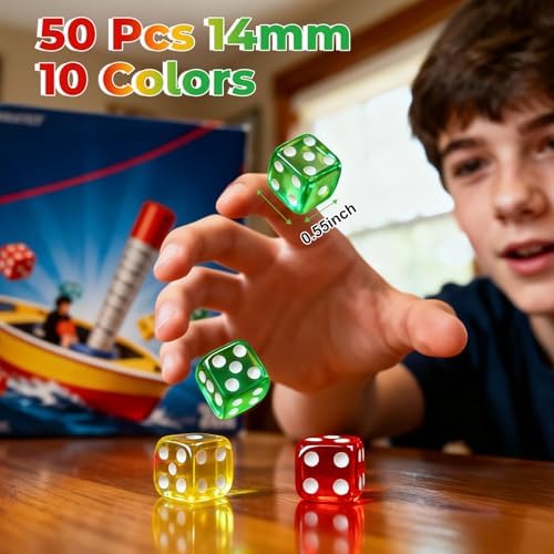 Winzwon 50 Pieces 14mm Dice Set, Colored Six-Sided Dice for Board Games