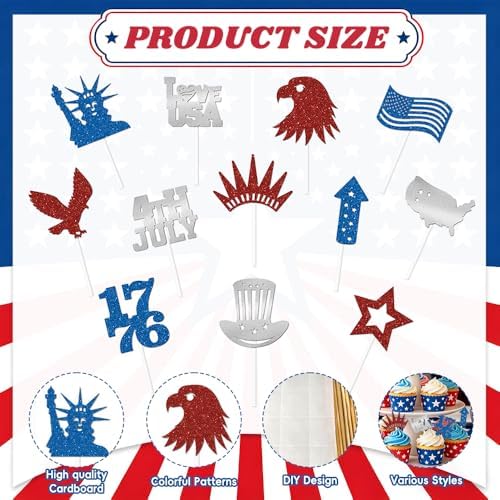 24Pcs Independence Day Cupcake Toppers, Glitter 4th of July Cake Decoration