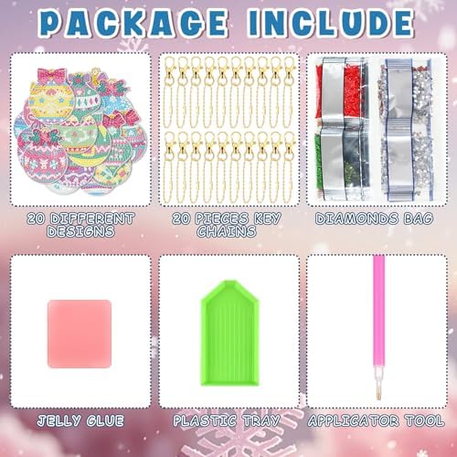 Tondiamo 20 Pcs Christmas Diamond Painting Keychain Kits 5D DIY Diamond Art Pendants Double Sided Hanging Key Chains for Christmas Party Decoration DIY(Macaron)