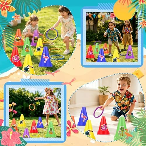 Hawaii Ring Toss Game Set, Luau Party Tossing Game with 6 Plastic Cones, 18 Colorful Rings, Beach Lawn Games for Kids Adults, Hawaiian Tiki Party Supplies Indoor Outdoor Family Activities (Hawaii)