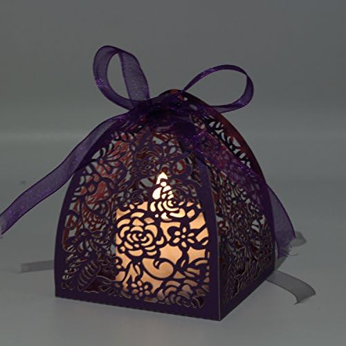 KPOSIYA Pack of 100 Laser Cut Rose Candy Boxes, Favor Boxes 2.5"x 2.5"x 3.1", Gift Boxes Bridal Shower Anniverary Birthday Party Wedding Favor (100,Purple)