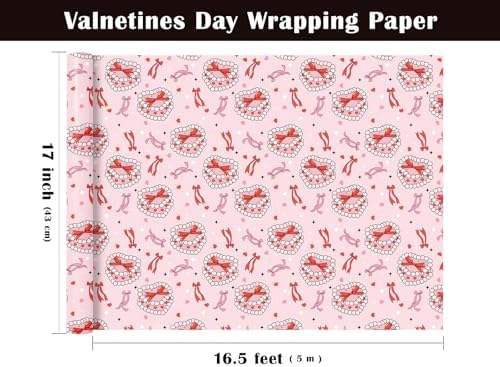 WRAPAHOLIC Valentines Day Wrapping Paper Roll - Mini Roll - 17 Inch x 16.5 Feet - Pearl Jewelry Box and Ribbon Bow Wrapping Paper for Valentine's Day, Wedding, Anniversary, Girl Women Birthday