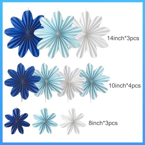 Blue Paper Flowers Navy Blue White Hanging Paper Fans 10Pcs