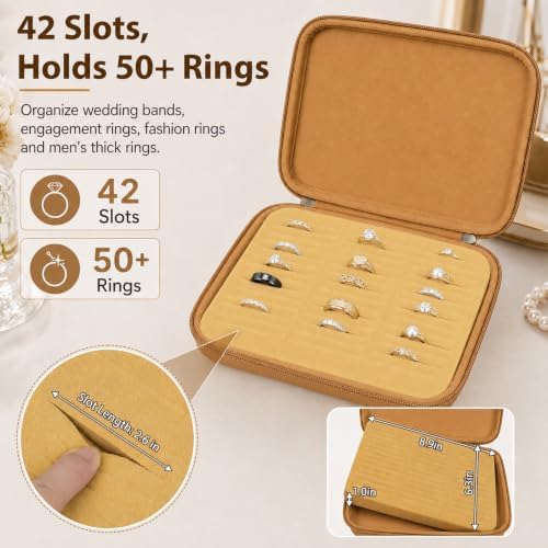 GWCASE Ring Organizer Box, 42-Slot Hard Shell Case, Holds 50+ Pieces, khaki