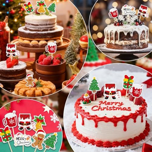 NACHLYNN 70pcs Merry Christmas Cupcake Toppers Holiday Party Fruit Cake Decoration Favors