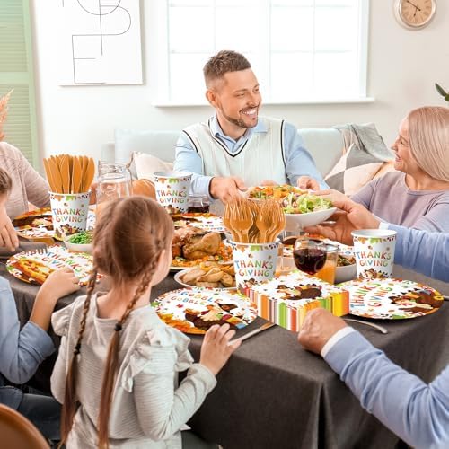 Thanksgiving Turkey Party Tableware Decorations Happy Thanksgiving Day Gobble Turkey Pie Disposable Paper Plates,Napkins,Cups,Forks and Knifes,Serve 24 for Autumn Themed Party Supplies Kit