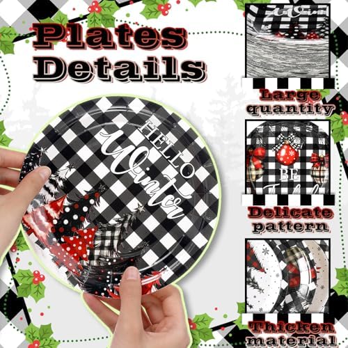 Fourluoo 96 Pcs Christmas Black White Buffalo Plaid Paper Plates Disposable Peppermint Dinner Plates for Xmas Birthday Party Table Decor