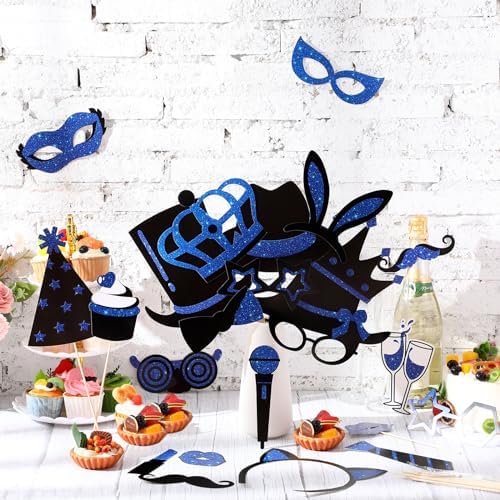 Zonon 24 Pcs Photo Booth Props Set Black Gold Birthday,Blue and Black