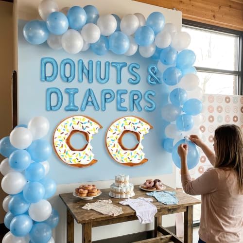 JeVenis Donuts Baby Shower Decorations Blue Backdrop Banner Letter Balloon