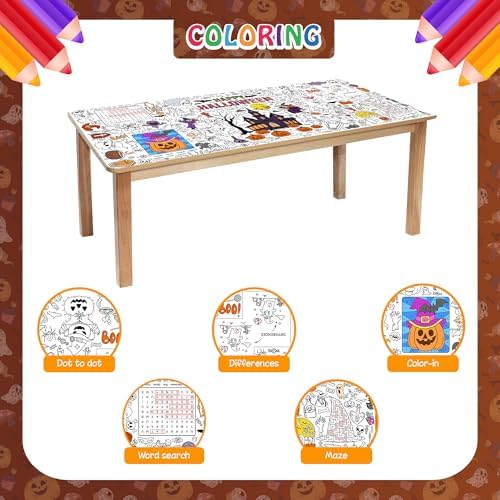 Giant Halloween Coloring Tablecloth for Kids, Large 30x72 Inch Poster with Haunted House, Pumpkins, Ghosts, Bats, Arts Crafts Games Indoor Activities for Halloween Party, Classroom Fun