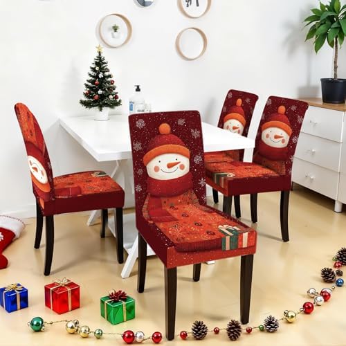 Christmas Chair Covers Set of 4, Snowman with Gifts Dining Chair Slipcovers, Stretchable Holiday Chair Protectors with Snowflakes