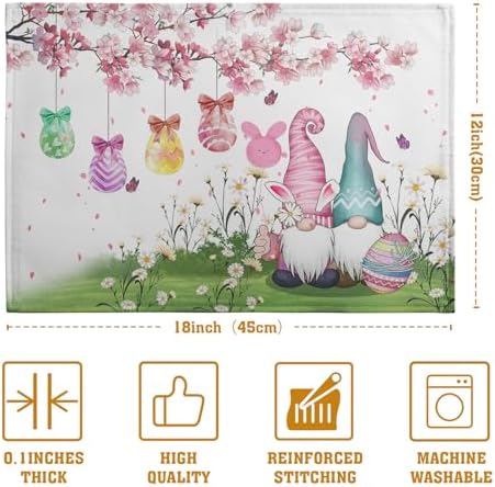 Easter Gnomes Bunny Placemats Set of 4 Easter Eggs Flowers Place Mat 12x18 Inch Seasonal Spring Farmhouse Washable Linen Table Mats for Party Kitchen Dining Outdoor Indoor Decor