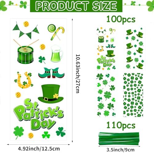St. Patricks Cellophane Treat Bags – 100 Pack Green Shamrock Goodie Gift Bags with Twist Ties, 5×11 Inch Clear St. Patricks Candy Cookie Bags for St. Patrick Day Irish Party, Classroom, Holiday Favors