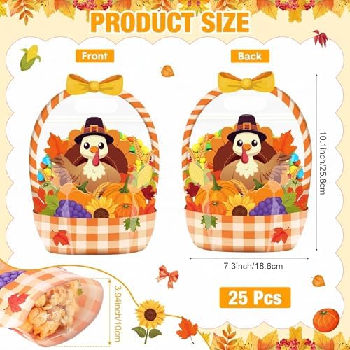 Fuutreo 25 Pcs Fall Treat Bags, Turkey Goodie Bags with Handles, Plastic