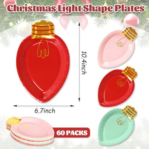 Whaline 60 Pcs Christmas Paper Plate Disposable Plates Boho Gold Foil Xmas Light Dinner Plate for Xmas Winter Party Table Decor Supplies, 10.4 x 6.7 In