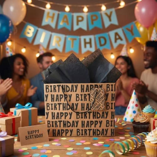 JAYTEM Birthday Gift Bag, 16.5" Kraft Paper Large Gift Bag, Classic Black Lettering Design Happy Birthday Bag Set with Greeting Card, Tag, Envelope & Tissue Paper for Men, Boys, Kid
