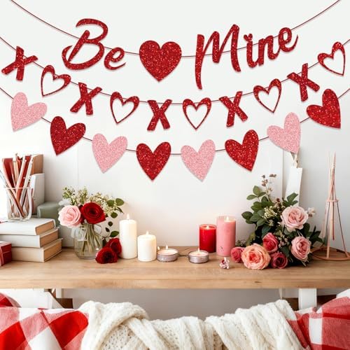Valentine's Day Decorations - 3-Pack Pre-Strung Be Mine & XOXO & Heart Glitter Banners, No DIY Required, Romantic Decor for Home Classroom Office Wedding Party Anniversary